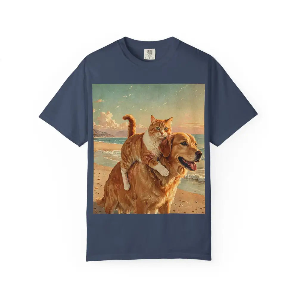 ’Beach Besties’ Garment-Dyed T-Shirt – Cat & Dog Sunset Ride Midnight / S T-Shirt