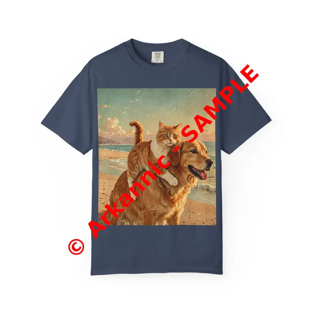 ’Beach Besties’ Garment-Dyed T-Shirt – Cat & Dog Sunset Ride Midnight / S T-Shirt