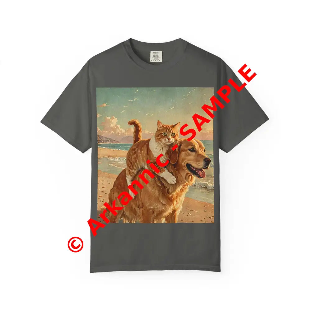 ’Beach Besties’ Garment-Dyed T-Shirt – Cat & Dog Sunset Ride Pepper / S T-Shirt