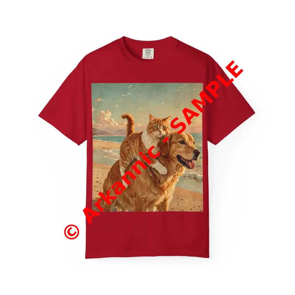 ’Beach Besties’ Garment-Dyed T-Shirt – Cat & Dog Sunset Ride Red / S T-Shirt