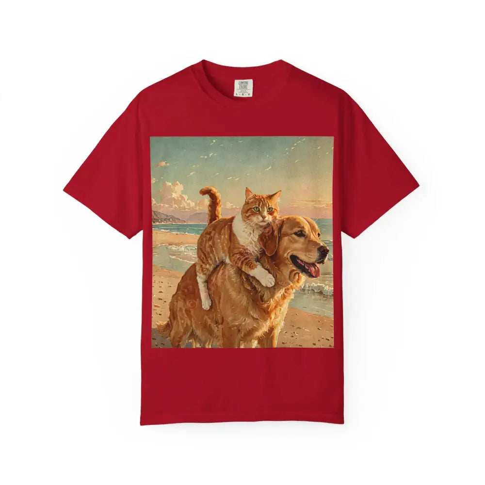 ’Beach Besties’ Garment-Dyed T-Shirt – Cat & Dog Sunset Ride Red / S T-Shirt