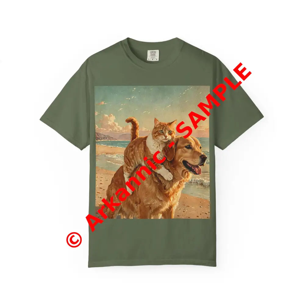 ’Beach Besties’ Garment-Dyed T-Shirt – Cat & Dog Sunset Ride Sage / S T-Shirt
