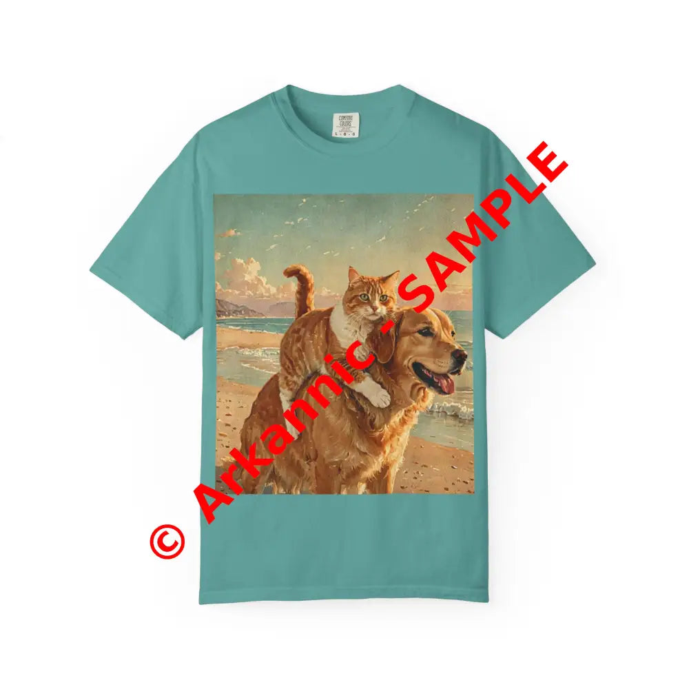 ’Beach Besties’ Garment-Dyed T-Shirt – Cat & Dog Sunset Ride Seafoam / S T-Shirt