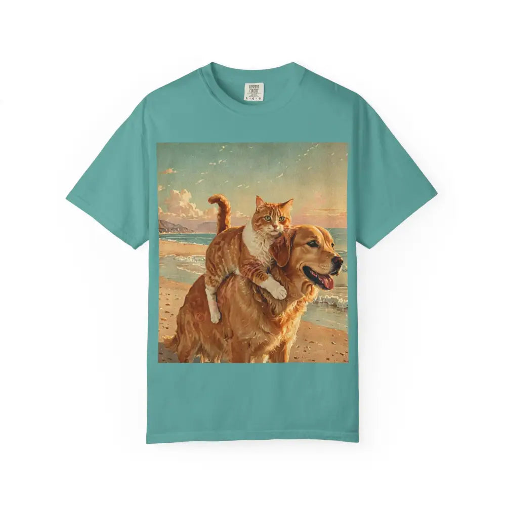 ’Beach Besties’ Garment-Dyed T-Shirt – Cat & Dog Sunset Ride Seafoam / S T-Shirt