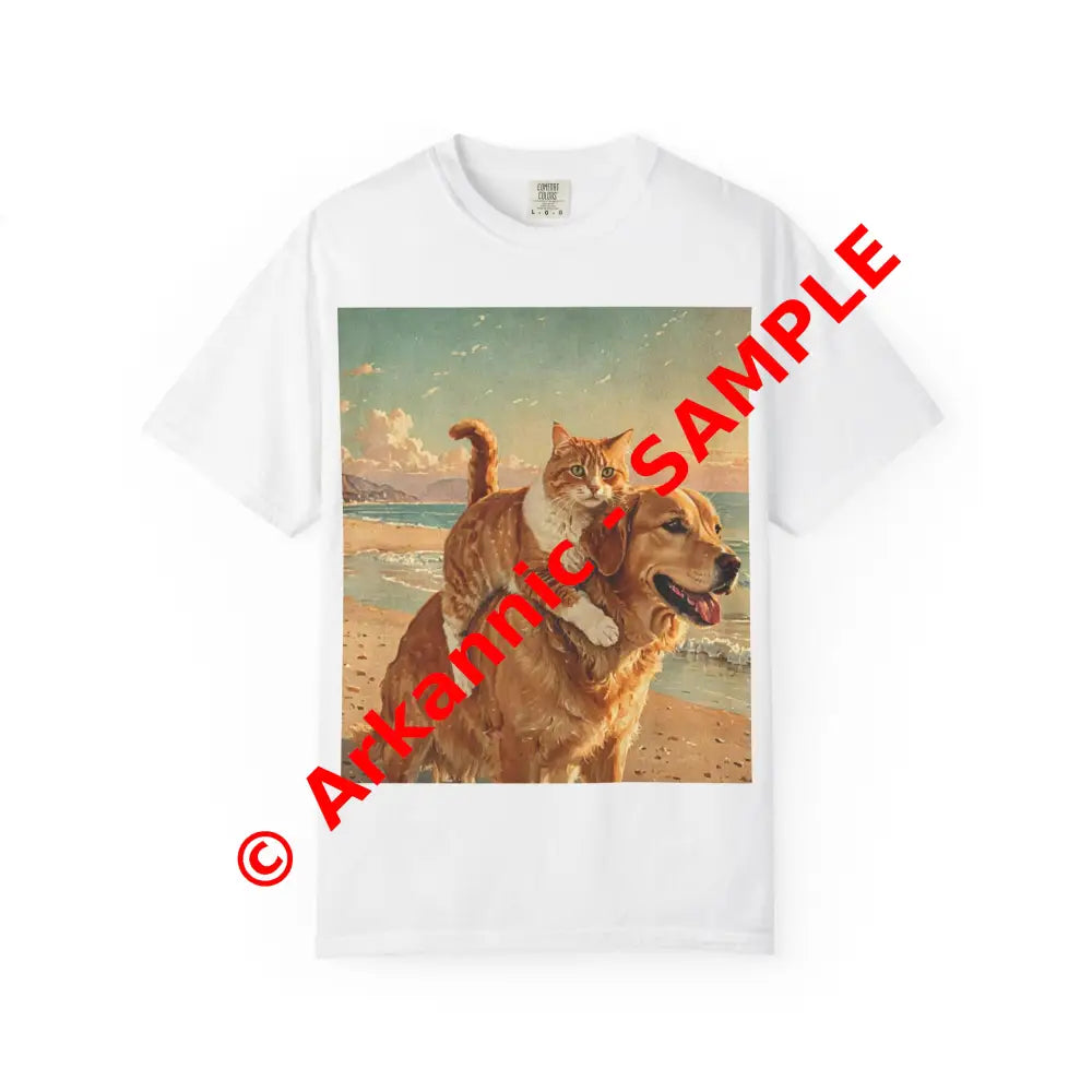 ’Beach Besties’ Garment-Dyed T-Shirt – Cat & Dog Sunset Ride White / S T-Shirt