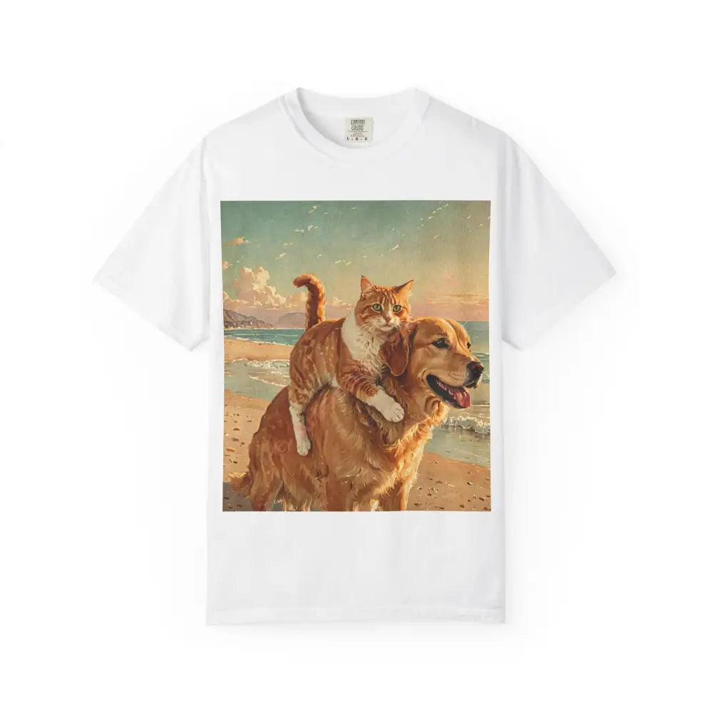 ’Beach Besties’ Garment-Dyed T-Shirt – Cat & Dog Sunset Ride White / S T-Shirt