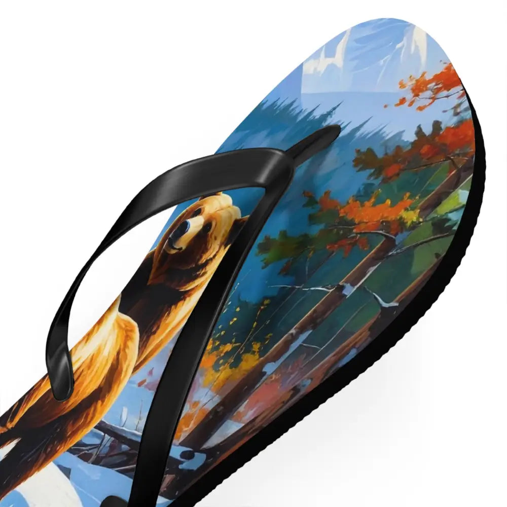 Bears of the Wilderness: Mountain River Crossing Autumn Landscape Impressionism Flip Flop Shoes Shoes