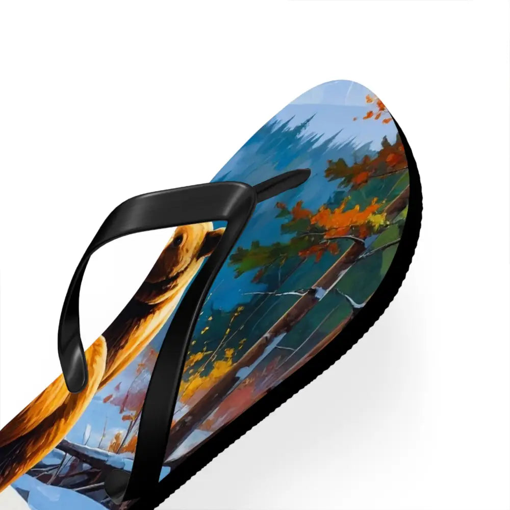 Bears of the Wilderness: Mountain River Crossing Autumn Landscape Impressionism Flip Flop Shoes Shoes