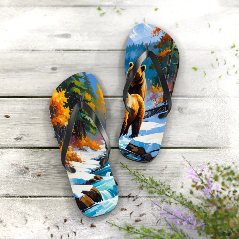 Bears of the Wilderness: Mountain River Crossing Autumn Landscape Impressionism Flip Flop Shoes Shoes