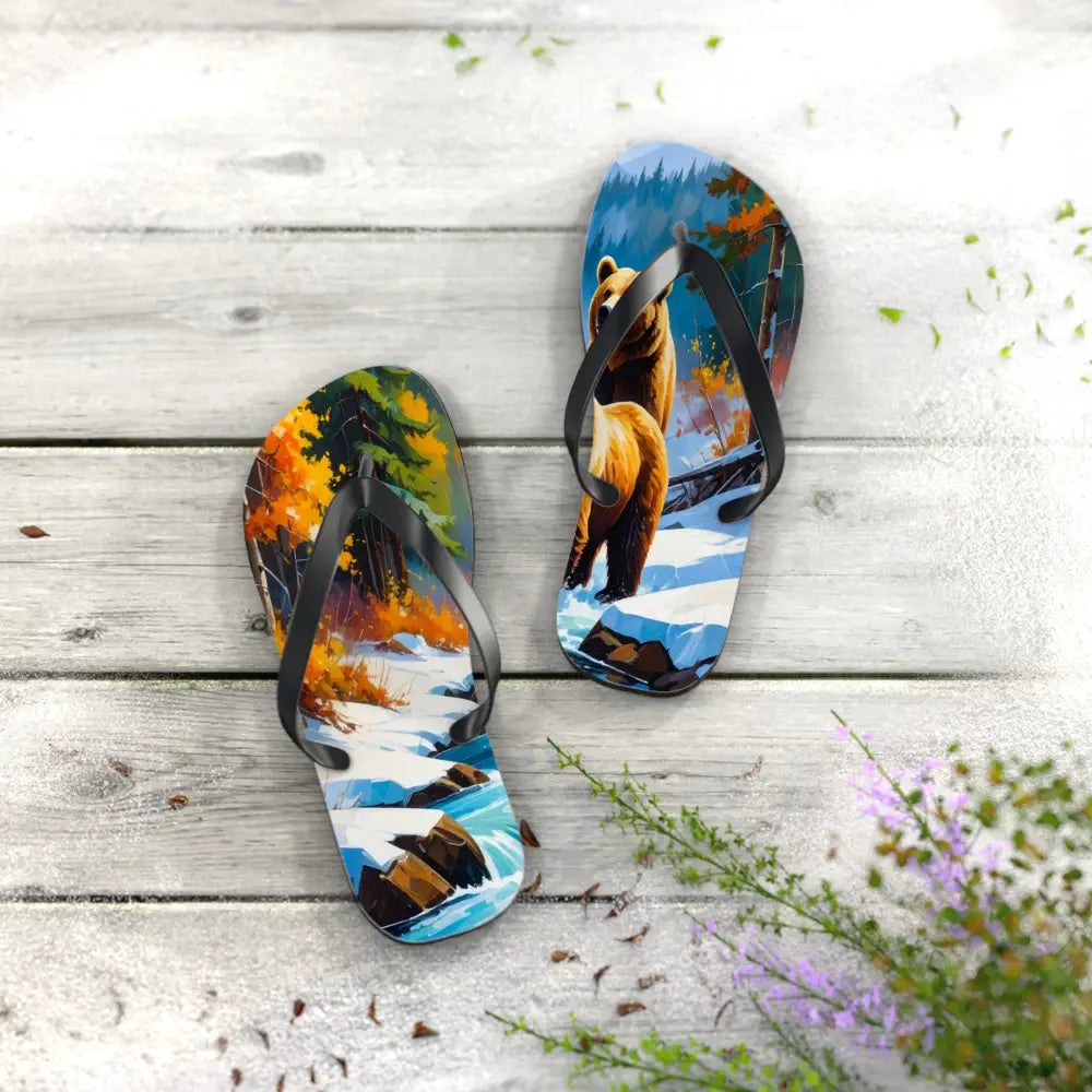 Bears of the Wilderness: Mountain River Crossing Autumn Landscape Impressionism Flip Flop Shoes Shoes