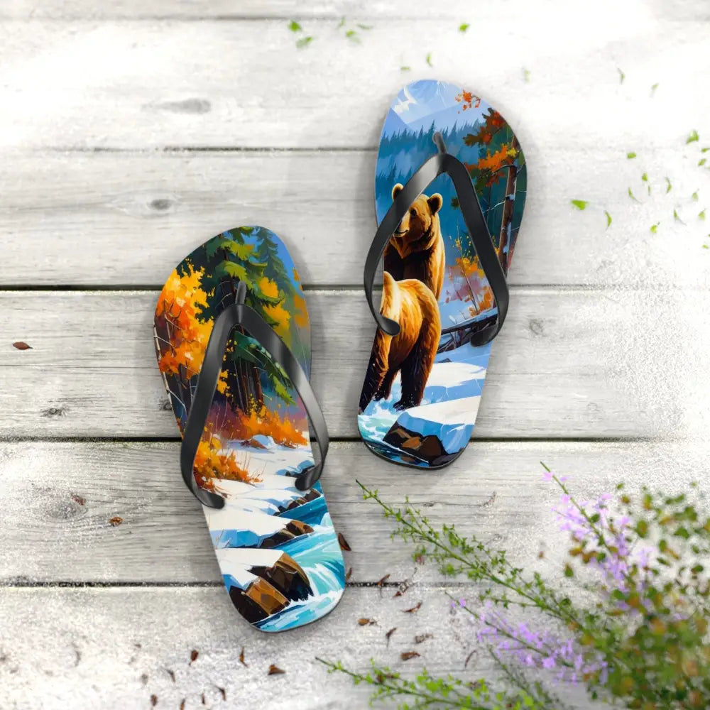 Bears of the Wilderness: Mountain River Crossing Autumn Landscape Impressionism Flip Flop Shoes Shoes