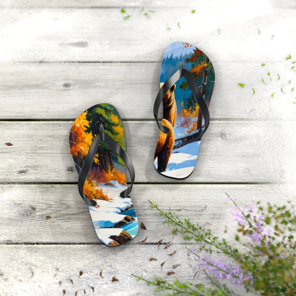 Bears of the Wilderness: Mountain River Crossing Autumn Landscape Impressionism Flip Flop Shoes Shoes