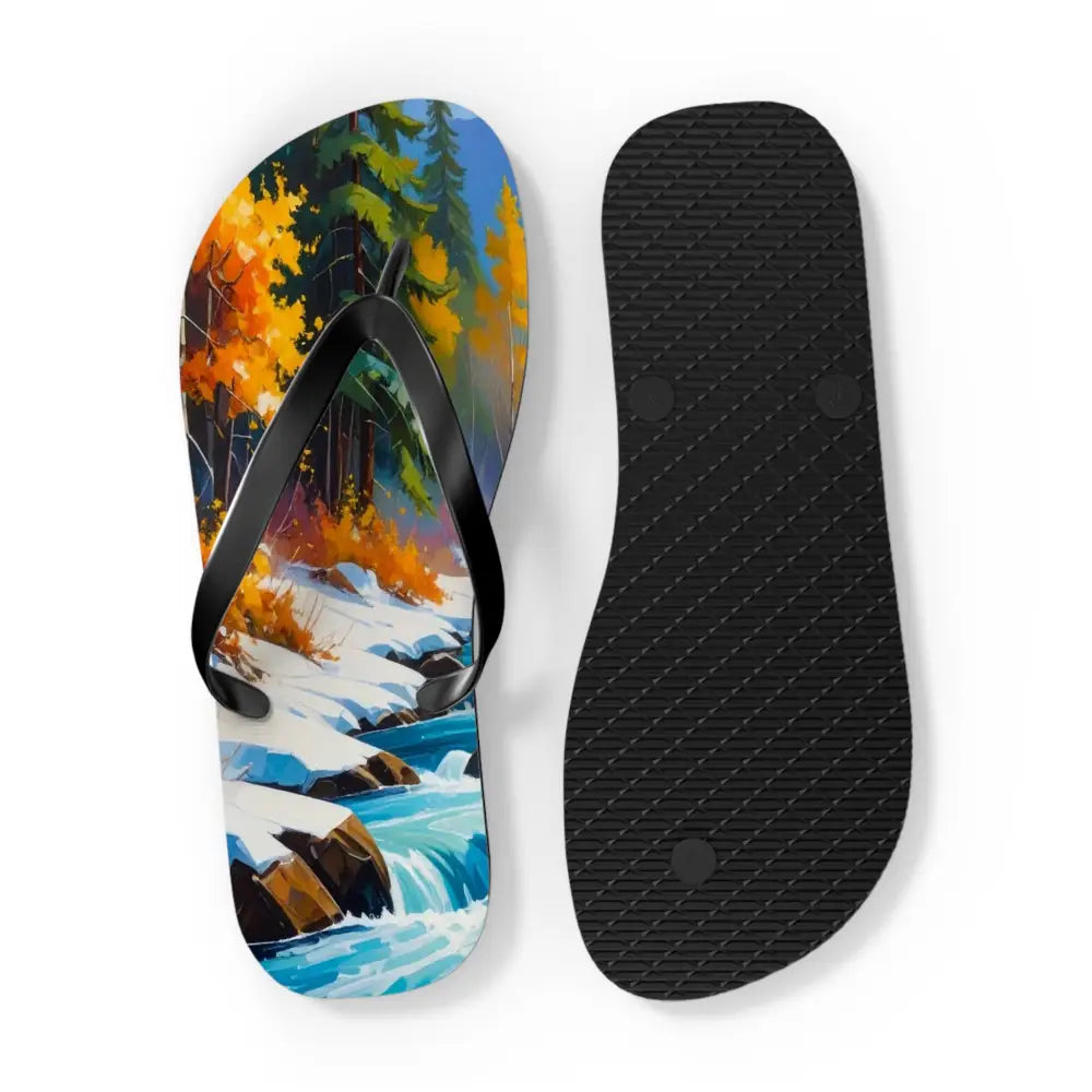Bears of the Wilderness: Mountain River Crossing Autumn Landscape Impressionism Flip Flop Shoes Shoes