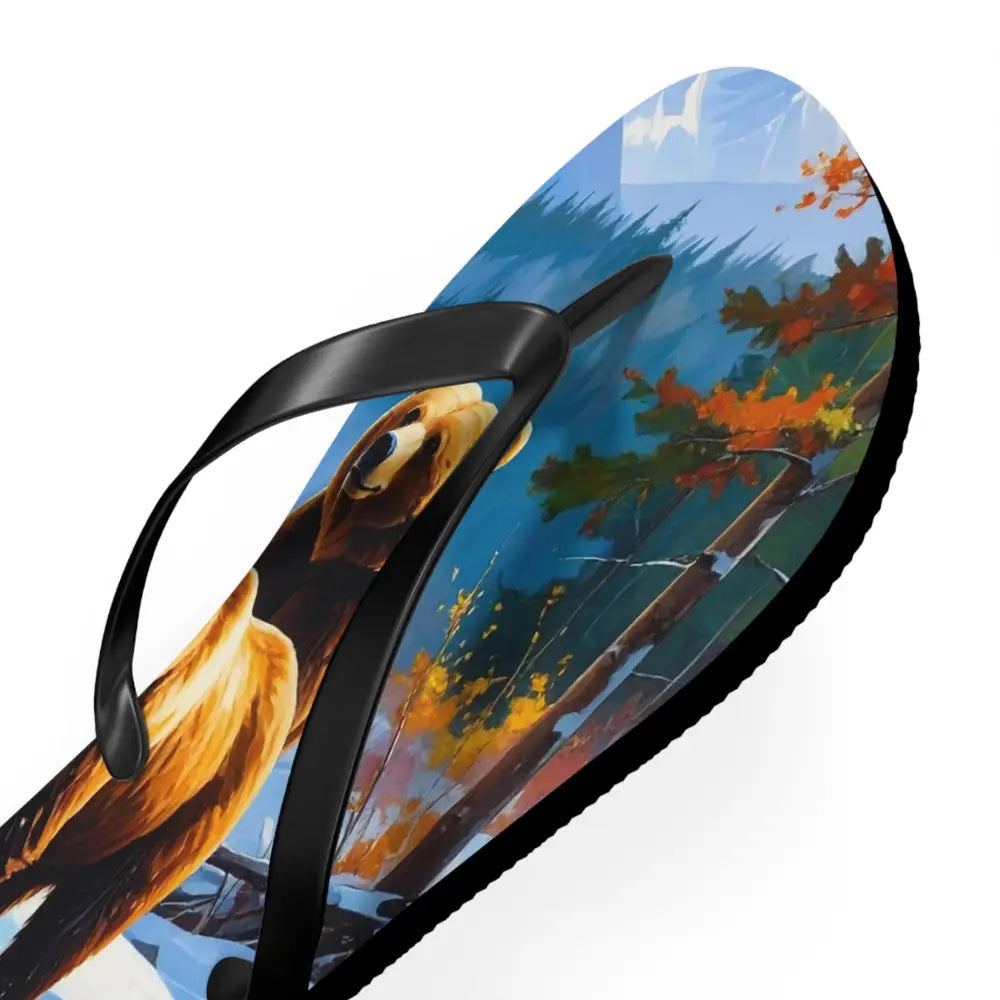 Bears of the Wilderness: Mountain River Crossing Autumn Landscape Impressionism Flip Flop Shoes Shoes