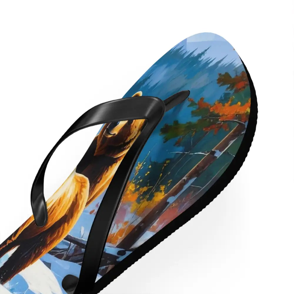 Bears of the Wilderness: Mountain River Crossing Autumn Landscape Impressionism Flip Flop Shoes Shoes