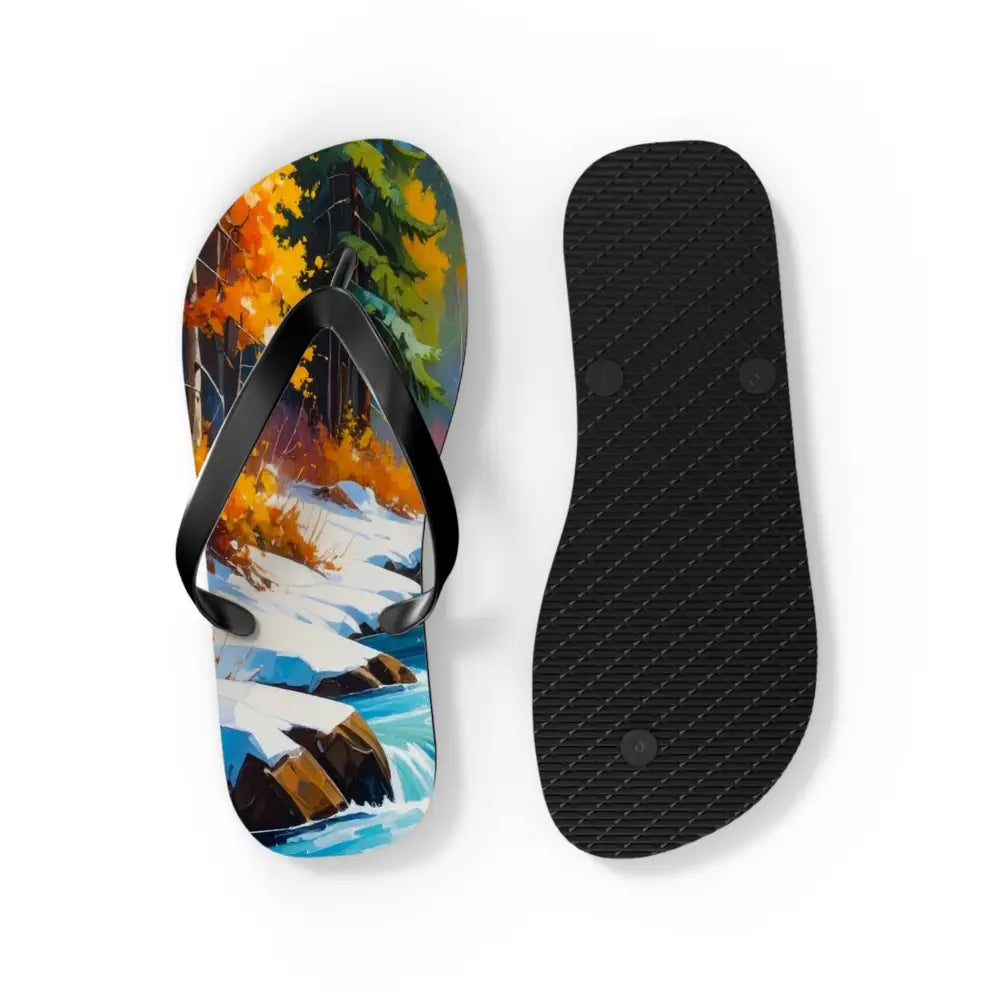 Bears of the Wilderness: Mountain River Crossing Autumn Landscape Impressionism Flip Flop Shoes Shoes