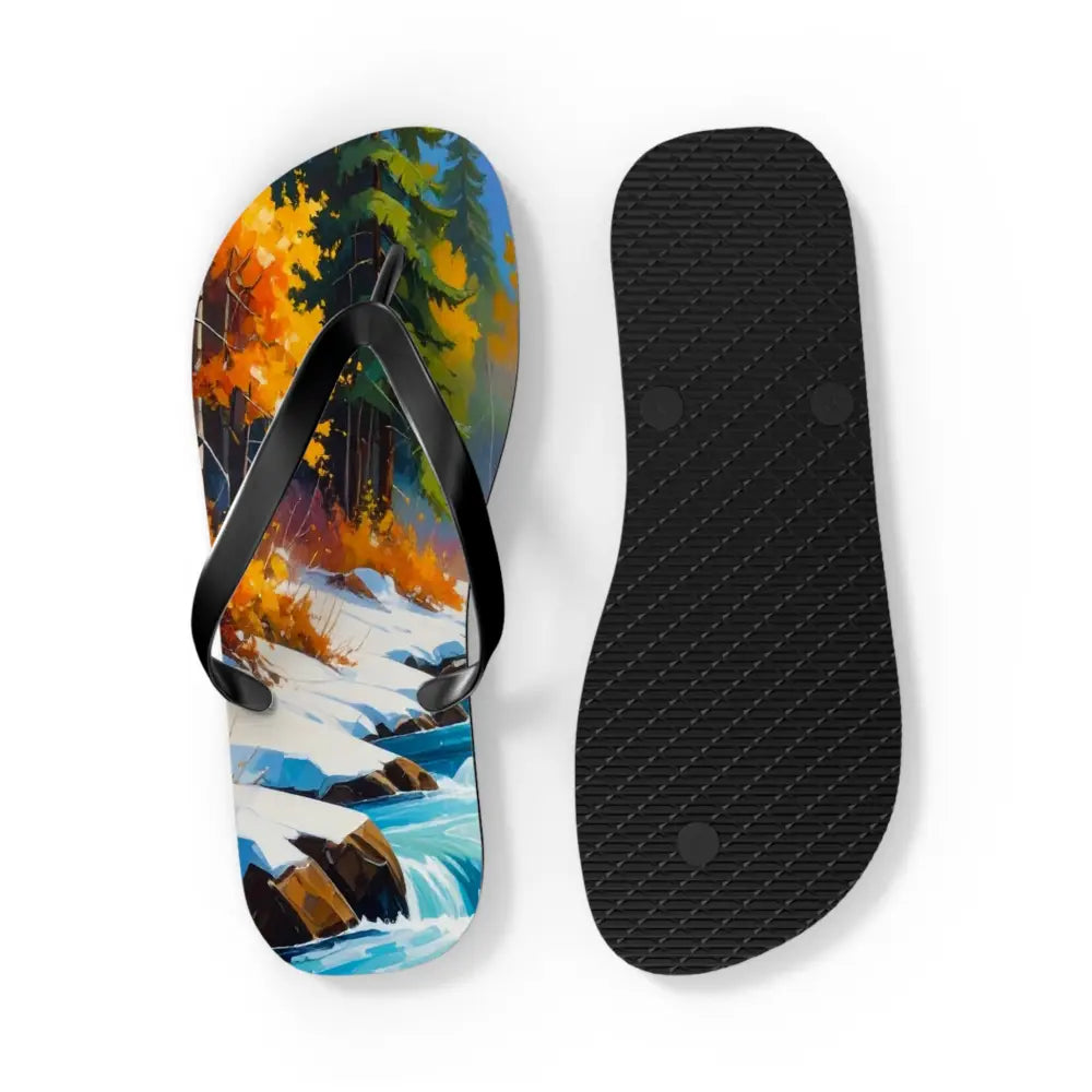 Bears of the Wilderness: Mountain River Crossing Autumn Landscape Impressionism Flip Flop Shoes Shoes