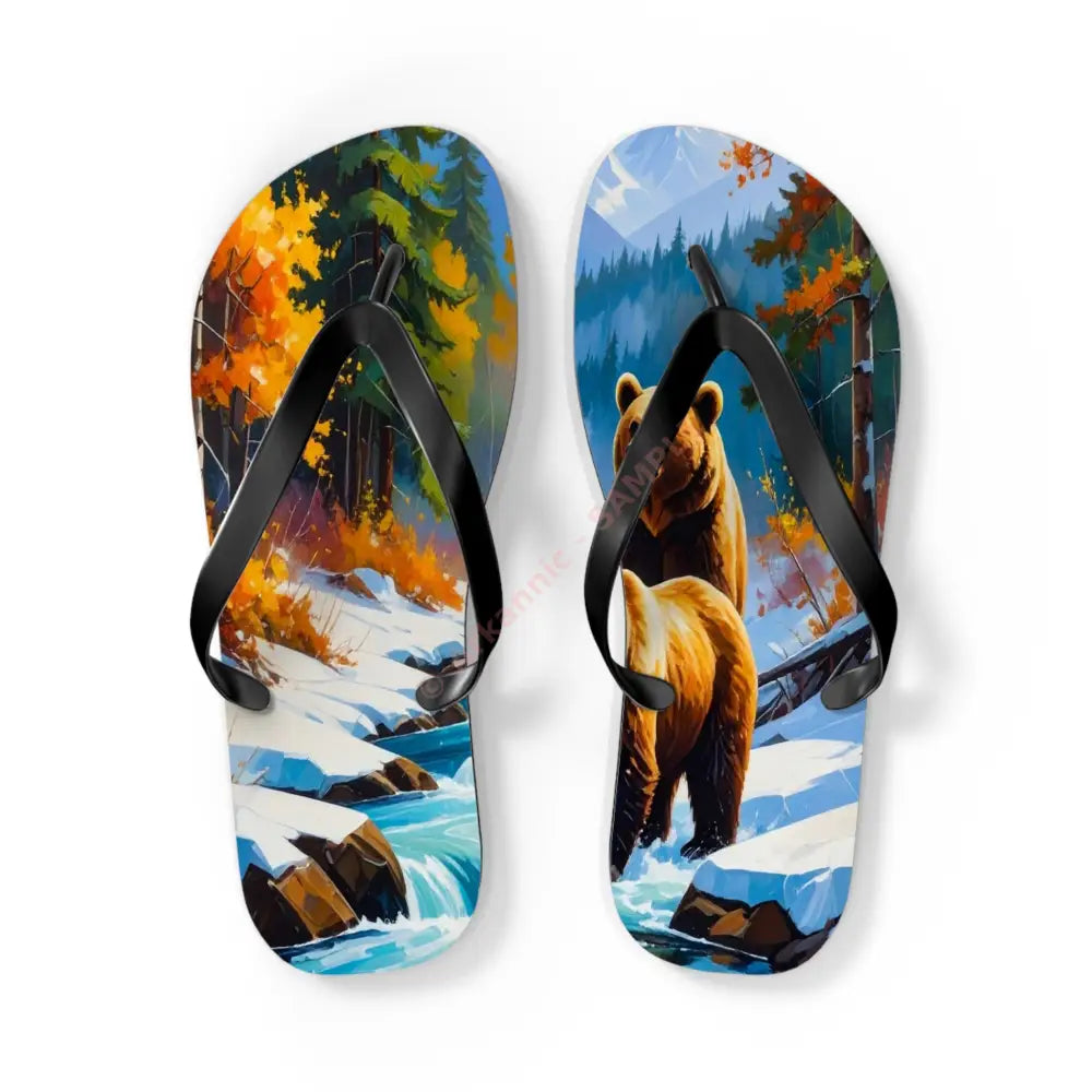 Bears of the Wilderness: Mountain River Crossing Autumn Landscape Impressionism Flip Flop Shoes L / Black sole Shoes