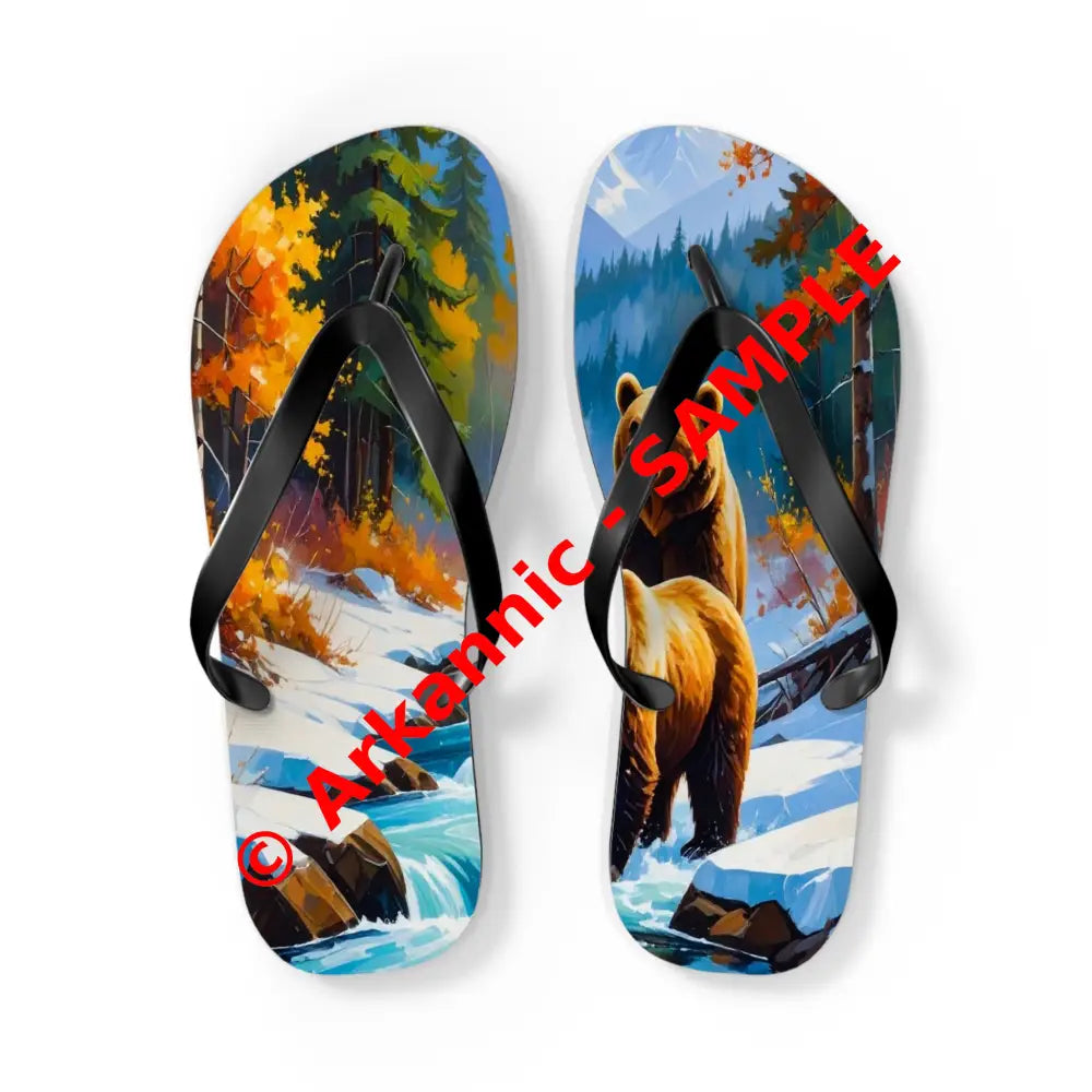 Bears of the Wilderness: Mountain River Crossing Autumn Landscape Impressionism Flip Flop Shoes L / Black sole Shoes
