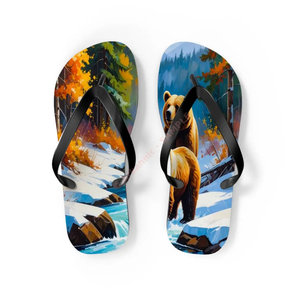 Bears of the Wilderness: Mountain River Crossing Autumn Landscape Impressionism Flip Flop Shoes M / Black sole Shoes