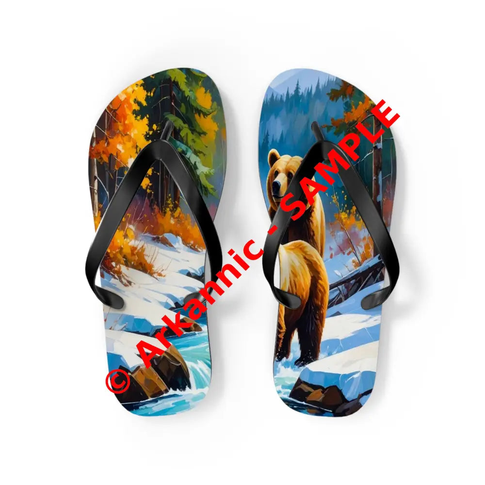 Bears of the Wilderness: Mountain River Crossing Autumn Landscape Impressionism Flip Flop Shoes M / Black sole Shoes