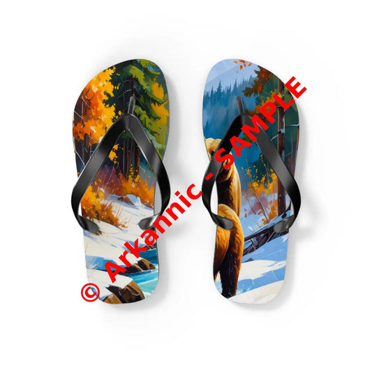 Bears of the Wilderness: Mountain River Crossing Autumn Landscape Impressionism Flip Flop Shoes S / Black sole Shoes