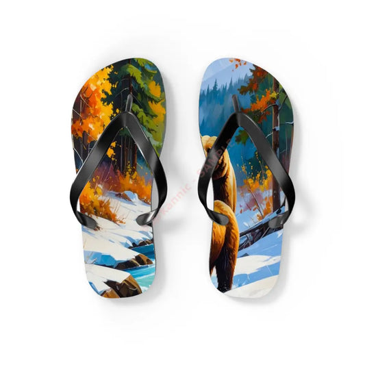 Bears of the Wilderness: Mountain River Crossing Autumn Landscape Impressionism Flip Flop Shoes S / Black sole Shoes