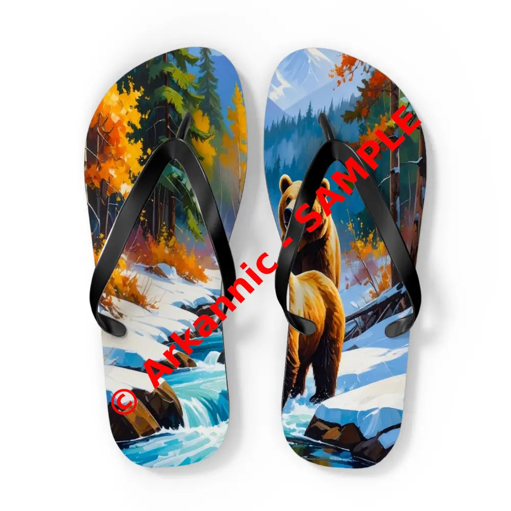 Bears of the Wilderness: Mountain River Crossing Autumn Landscape Impressionism Flip Flop Shoes XL / Black sole Shoes