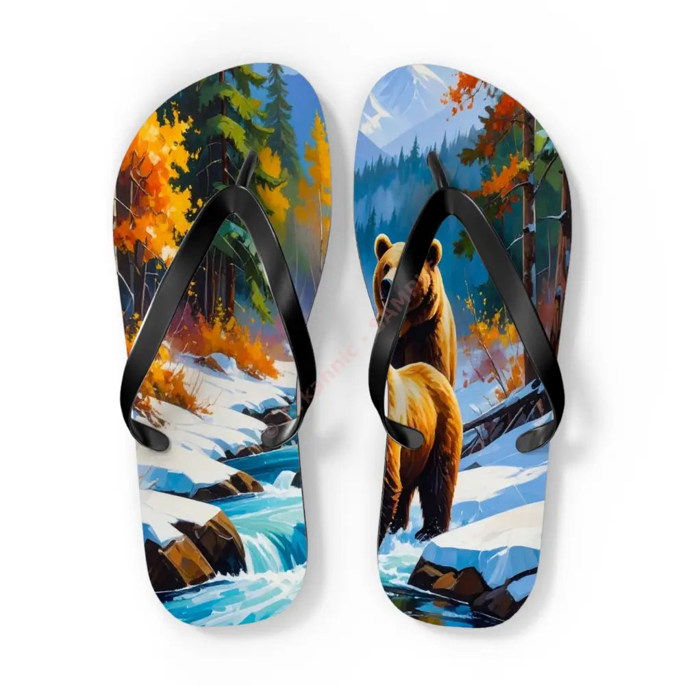 Bears of the Wilderness: Mountain River Crossing Autumn Landscape Impressionism Flip Flop Shoes XL / Black sole Shoes
