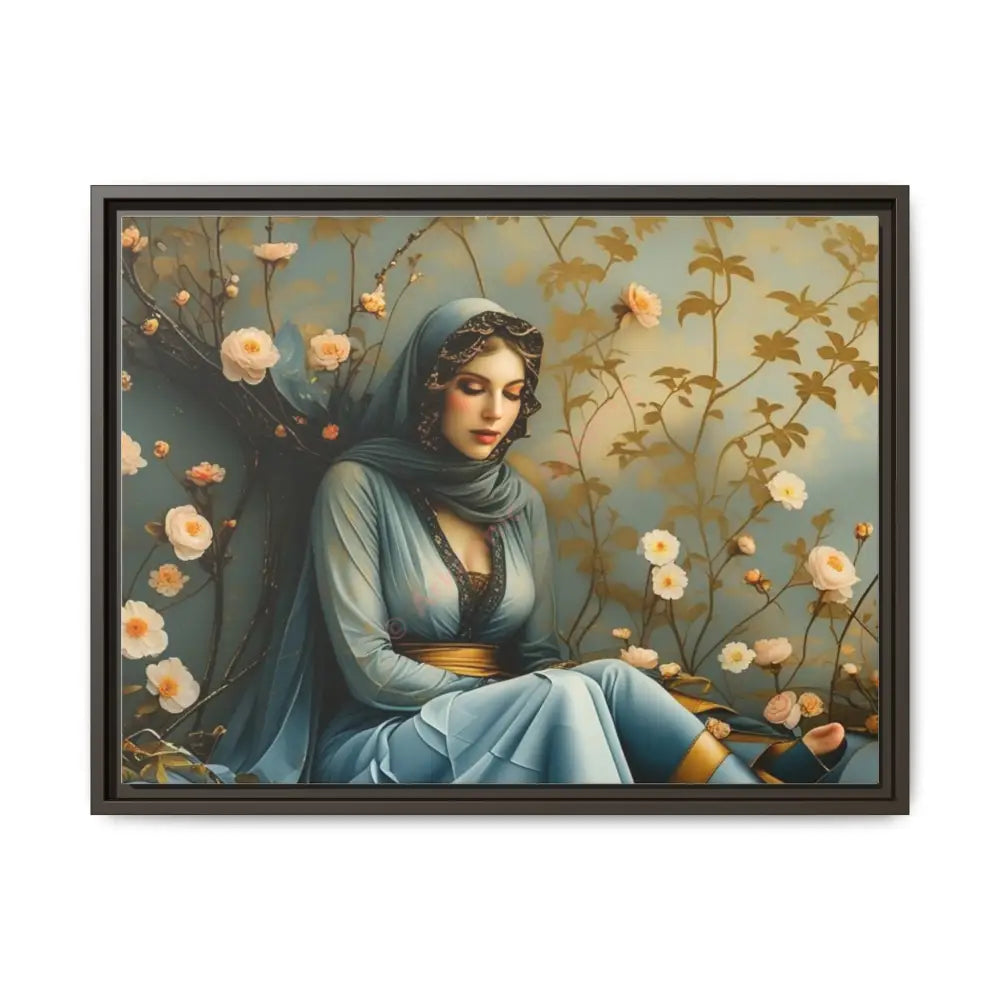 Canvas Wall Art - Woman Surrounded by Flowers 24″ x 18″ (Horizontal) / Espresso / 1.25’’ Canvas