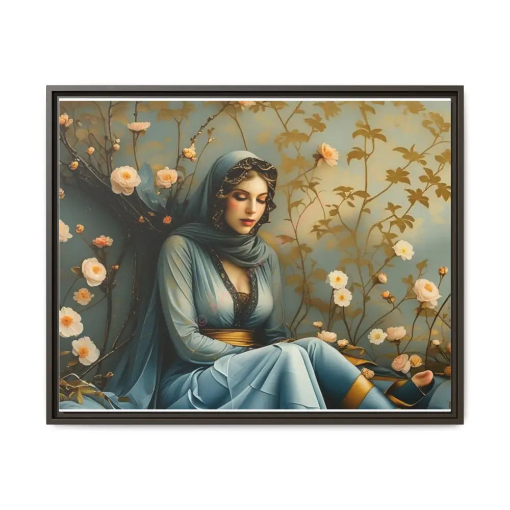 Canvas Wall Art - Woman Surrounded by Flowers 30’’ x 24’’ (Horizontal) / Espresso / 1.25’’ Canvas