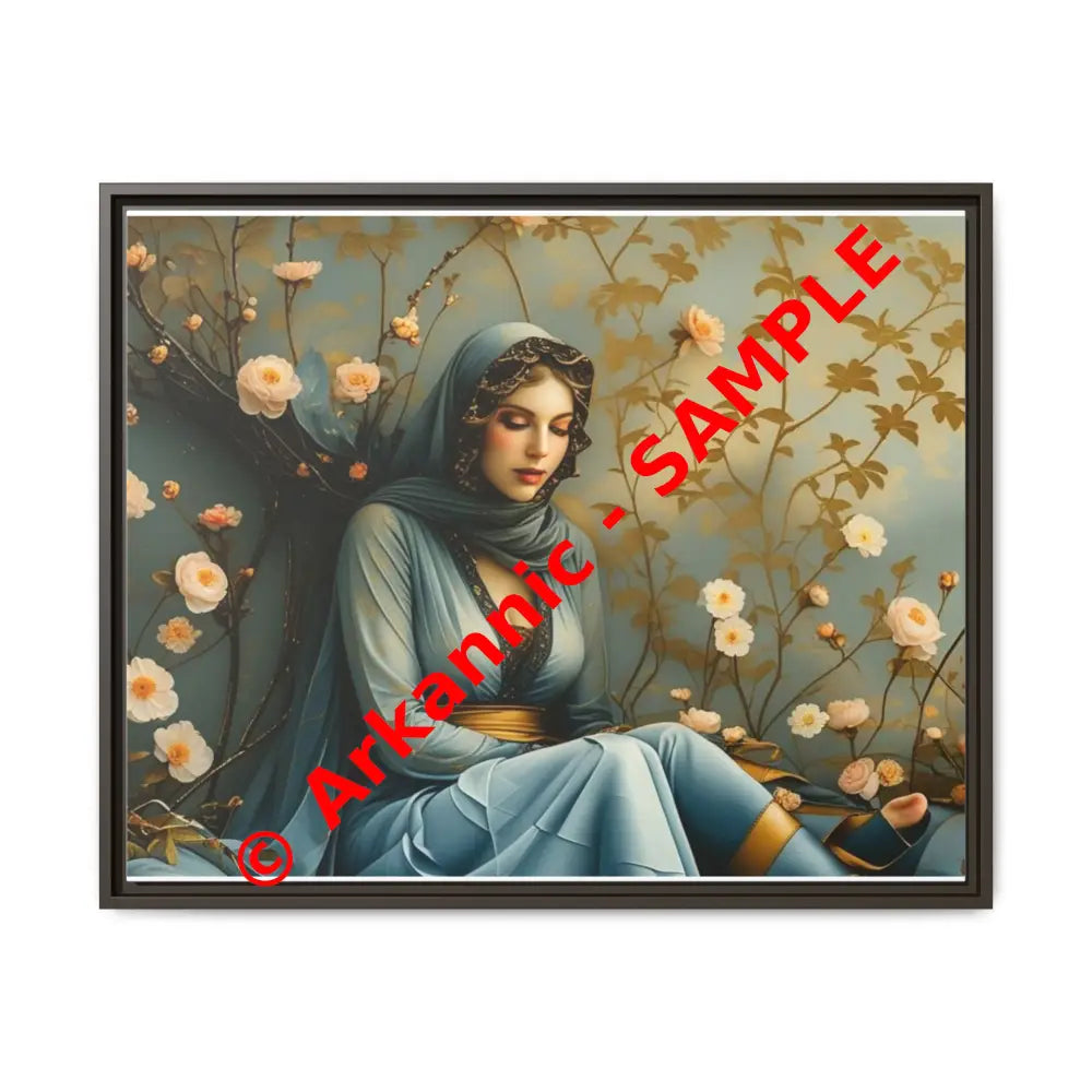 Canvas Wall Art - Woman Surrounded by Flowers 30’’ x 24’’ (Horizontal) / Espresso / 1.25’’ Canvas