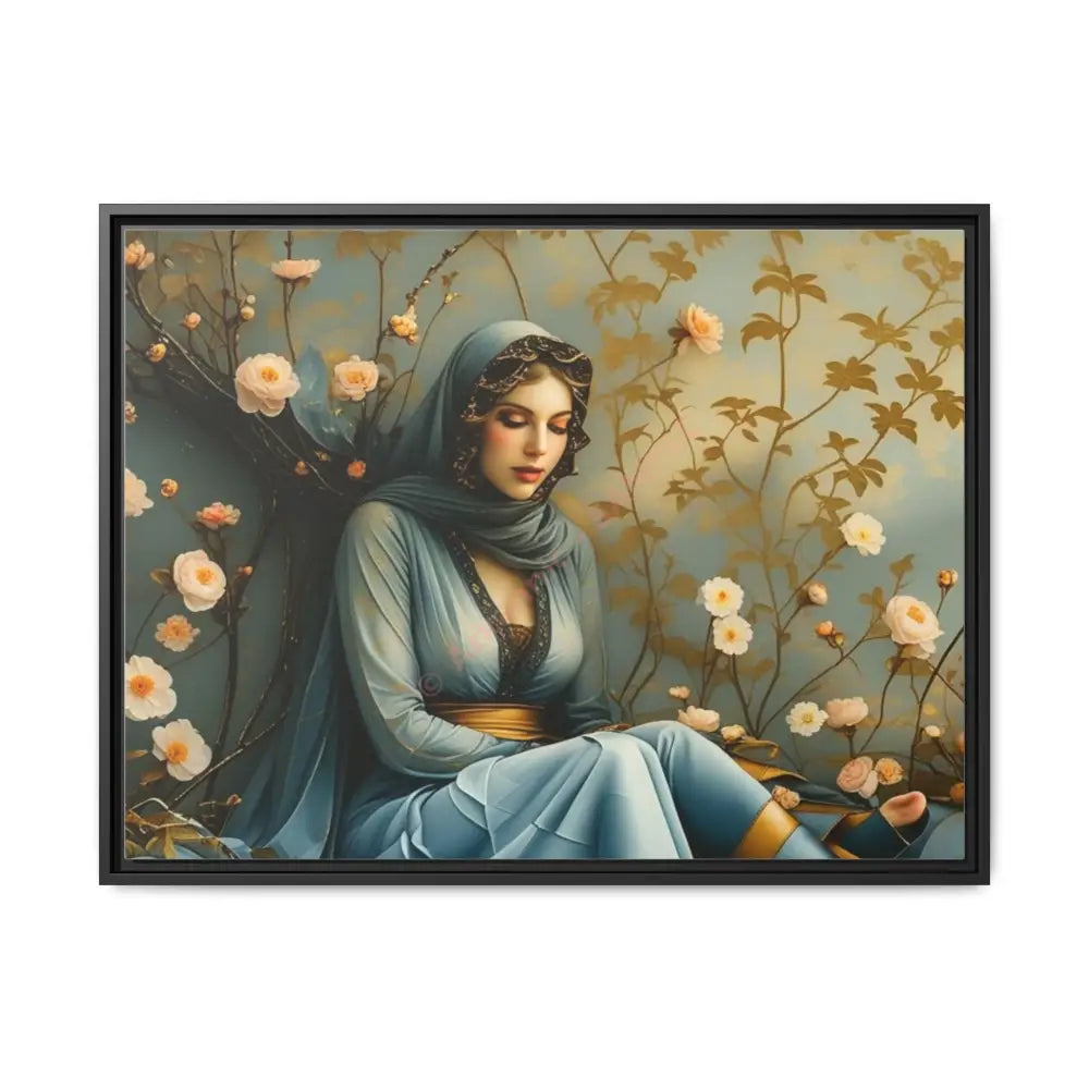 Canvas Wall Art - Woman Surrounded by Flowers 32’’ x 24’’ (Horizontal) / Black / 1.25’’ Canvas