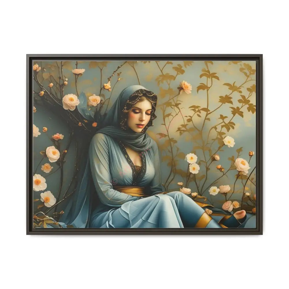 Canvas Wall Art - Woman Surrounded by Flowers 32’’ x 24’’ (Horizontal) / Espresso / 1.25’’ Canvas