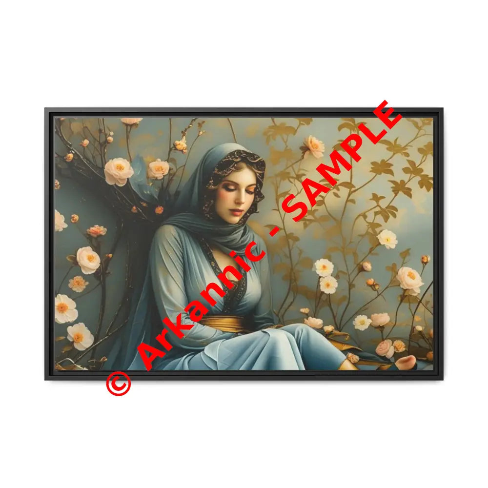Canvas Wall Art - Woman Surrounded by Flowers 36’’ x 24’’ (Horizontal) / Black / 1.25’’ Canvas