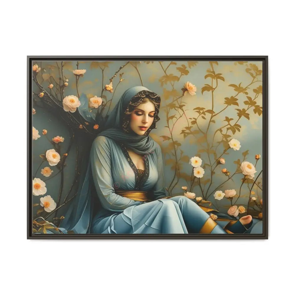 Canvas Wall Art - Woman Surrounded by Flowers 40’’ x 30’’ (Horizontal) / Espresso / 1.25’’ Canvas