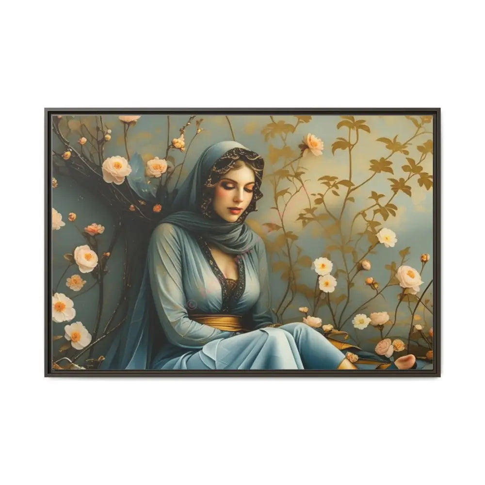 Canvas Wall Art - Woman Surrounded by Flowers 48″ x 32″ (Horizontal) / Espresso / 1.25’’ Canvas
