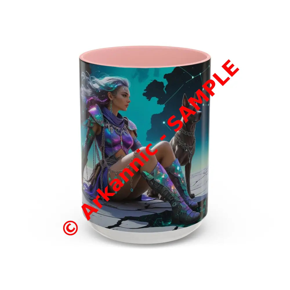 Celestial Guardian - Fantasy Art Drinkware Galactic Gift for Dog Lovers Celestial Home Decor Unique Art Mug 15oz / Pink