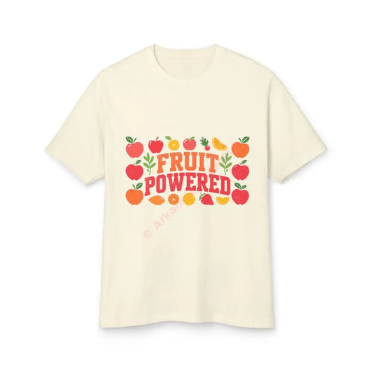 Collegiate-style vintage T-shirt assorted fruit icons (apple banana orange) slogan ‘Fruit Powered’ Faded Cream / S