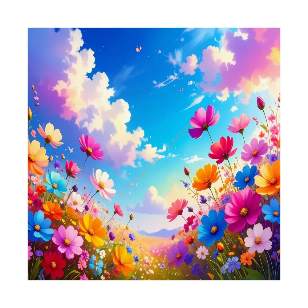 Cosmos Meadow Dreams: Digital Illustration of Vibrant Wildflowers Pastel Sky Landscape Poster 14’’ x 14’’ Poster