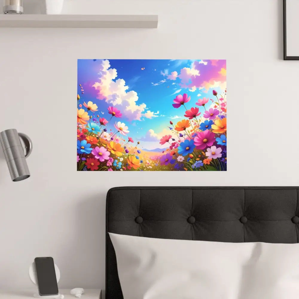 Cosmos Meadow Dreams: Digital Illustration of Vibrant Wildflowers Pastel Sky Landscape Poster Poster