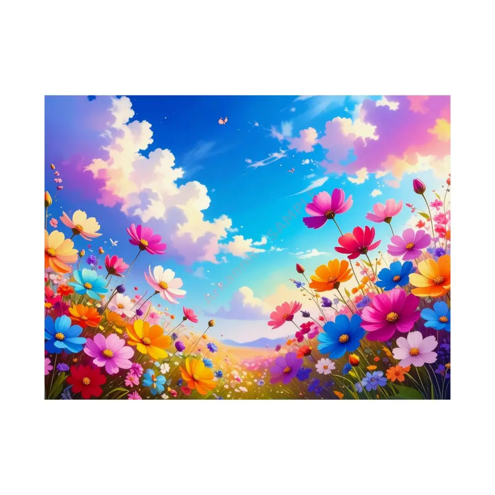 Cosmos Meadow Dreams: Digital Illustration of Vibrant Wildflowers Pastel Sky Landscape Poster 24″ x 18″ Poster