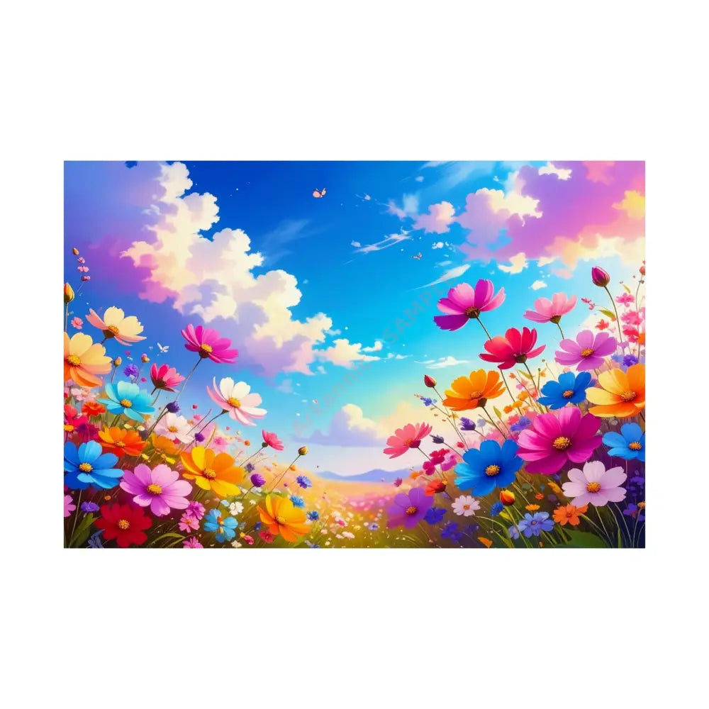 Cosmos Meadow Dreams: Digital Illustration of Vibrant Wildflowers Pastel Sky Landscape Poster 30″ x 20″ Poster