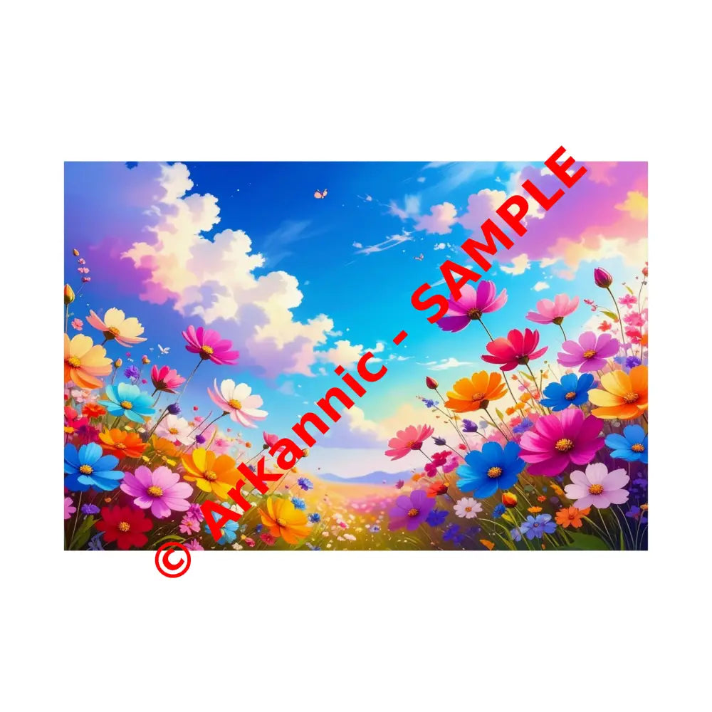 Cosmos Meadow Dreams: Digital Illustration of Vibrant Wildflowers Pastel Sky Landscape Poster 36″ x 24″ Poster
