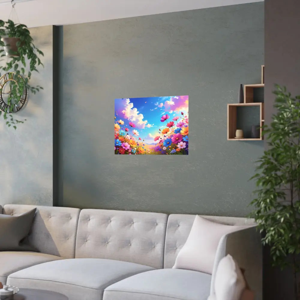Cosmos Meadow Dreams: Digital Illustration of Vibrant Wildflowers Pastel Sky Landscape Poster Poster