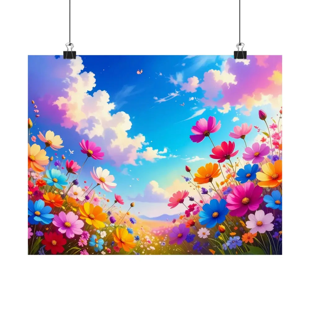 Cosmos Meadow Dreams: Digital Illustration of Vibrant Wildflowers Pastel Sky Landscape Poster Poster