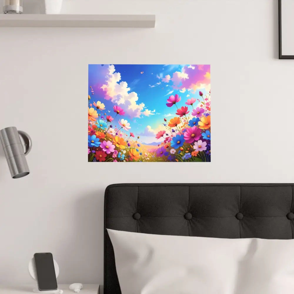 Cosmos Meadow Dreams: Digital Illustration of Vibrant Wildflowers Pastel Sky Landscape Poster Poster