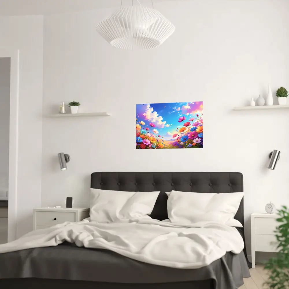 Cosmos Meadow Dreams: Digital Illustration of Vibrant Wildflowers Pastel Sky Landscape Poster Poster