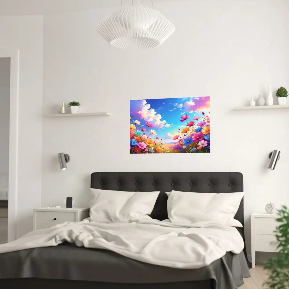 Cosmos Meadow Dreams: Digital Illustration of Vibrant Wildflowers Pastel Sky Landscape Poster Poster