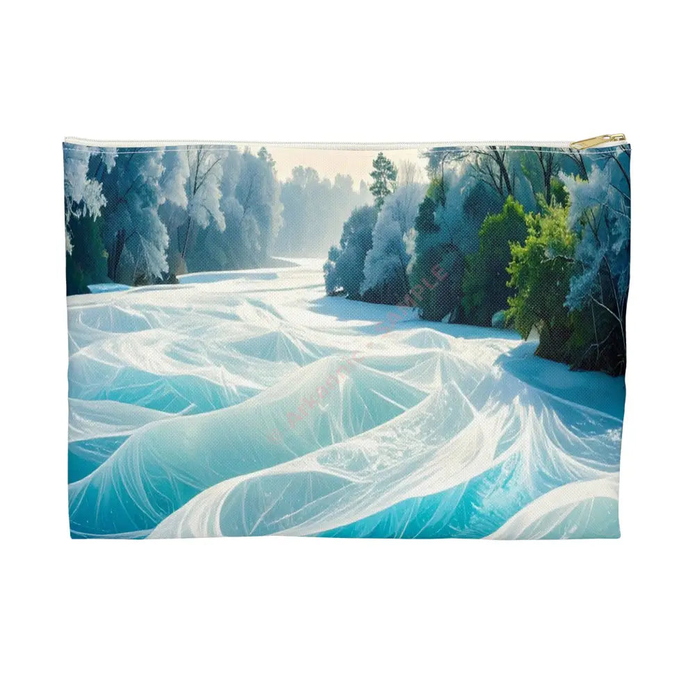 Crystalline Reverie: Frozen River Dreamscape Winter’s Ethereal Symphony Accessory Pouch Large / White zipper Bags